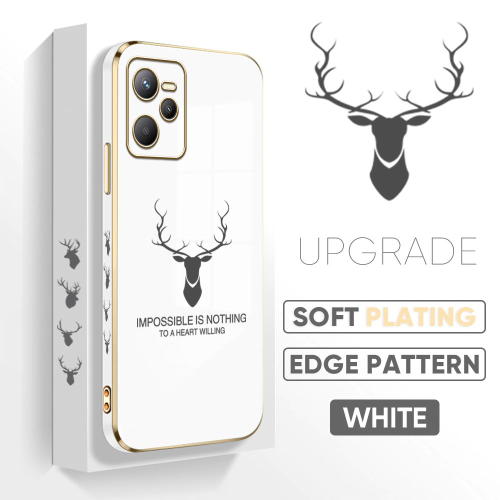 Jizetin (Free Lanyard) Realme C35 Back Cover Antlers Luxury 6D Plating Case Side Pattern Soft Silicone Square Mobile Phone Cases