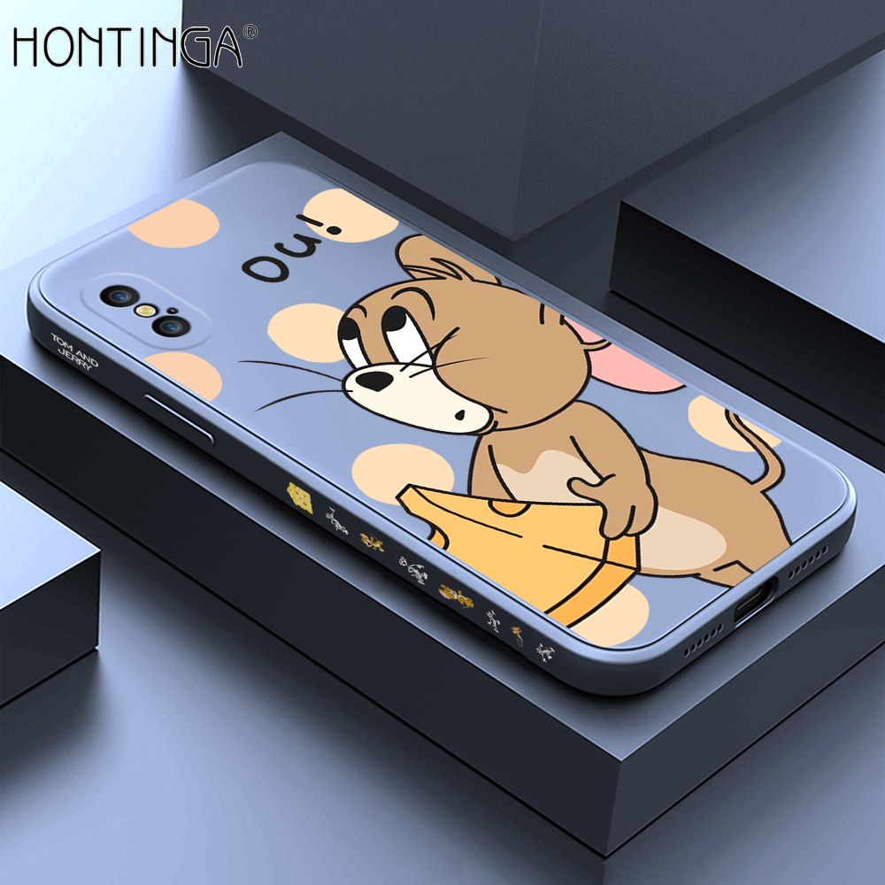 Hontinga for iPhone X XS Case Side Design Cute Cartoon Mouse Back Cover Soft Square Edge Pattern Liquid Silicone Trend Phone Cases