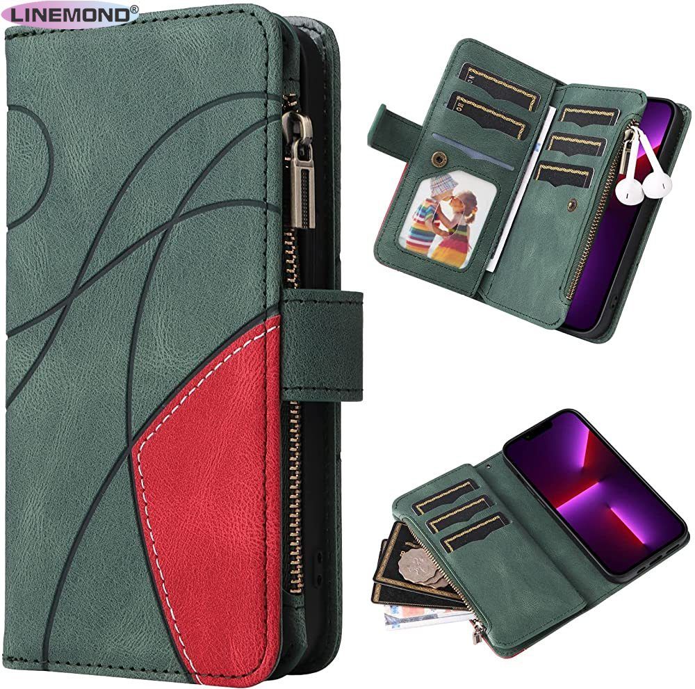 Wallet Case for iPhone 12/iPhone 12 Pro, Splicing PU Leather Flip Wallet Zipper Purse Case 9 Card Slots with Wrist Strap, Blue