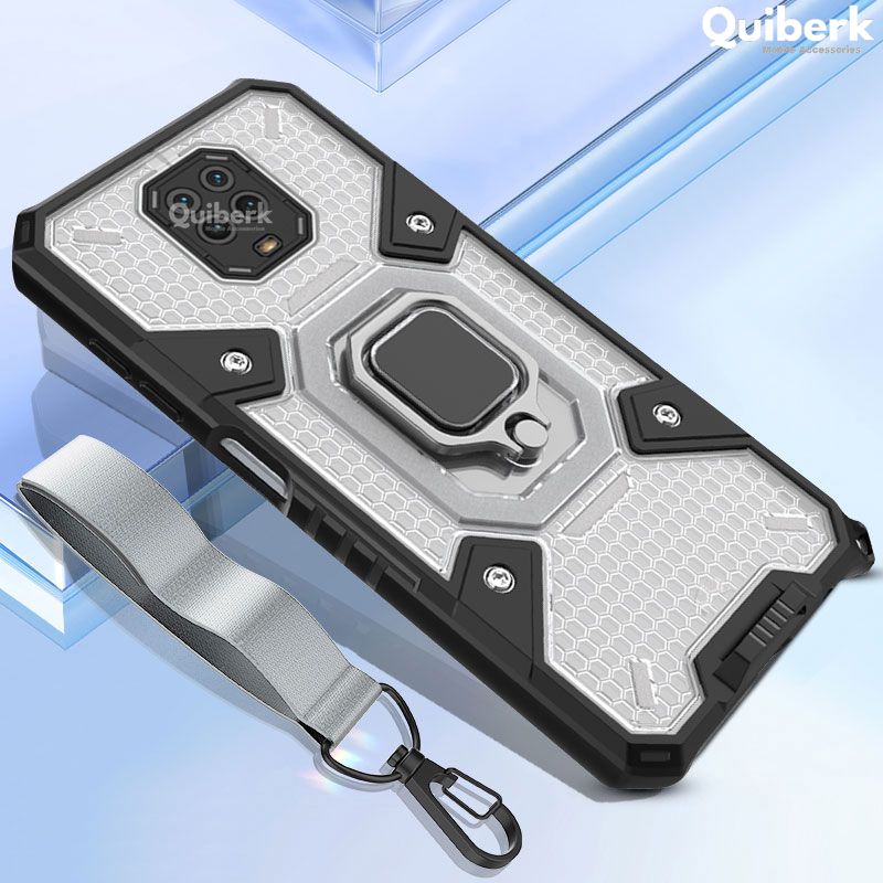 Quiberk for Xiaomi Redmi Note 9s Case With Free Lanyard Space Capsule Honeycomb Transparent Shockproof Ring Stand Protective Back Cover