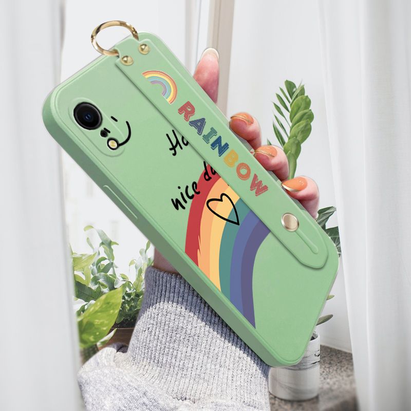 Jizetin for iPhone XR Wrist Strap Case INS Style Smile Rainbow Cover Ultra Thin Anti Fall Liquid Silicone Phone Case