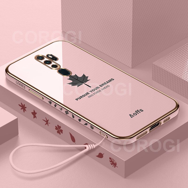 For OPPO A5 2020 / OPPO A9 2020 Cover + Wrist Strap Fashion Shiny Maple leaf Plating Square Bumper Phone Case Soft TPU Silicone Shockproof Protective Back Cover