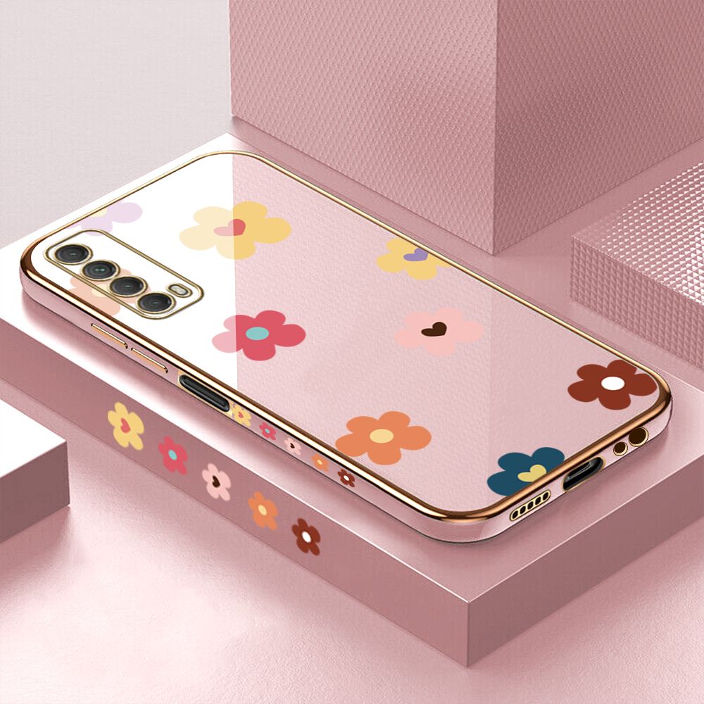 Luxury 6D Plating Case for Huawei Y7A Color Cartoon Flowers Side Pattern Back Cover Soft Silicone Square Frame Shiny Bling Phone Cases + Free Lanyard