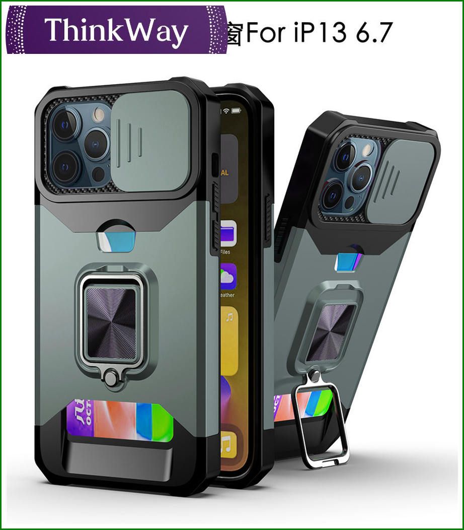 Kickstand Case, Slide Camera Cover Heavy Duty Armor Style Case with Rotate Ring Stand & Card Holder Slot, Support Magnetic Car Mount, Shockproof Wallet Case For iphone11 pro & iphone11 Pro Max