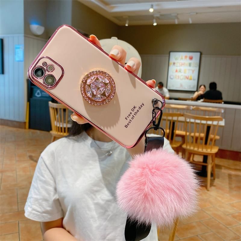 For OPPO A3S A12e A15 A15s A73 A53 A33 A31 A5 A9  Fashion INS New 6D Plating Phone Case Avocado Casing Soft TPU Silicone Slim Back Cover Give Away Diamond Bracket and Hair Ball Lanyard