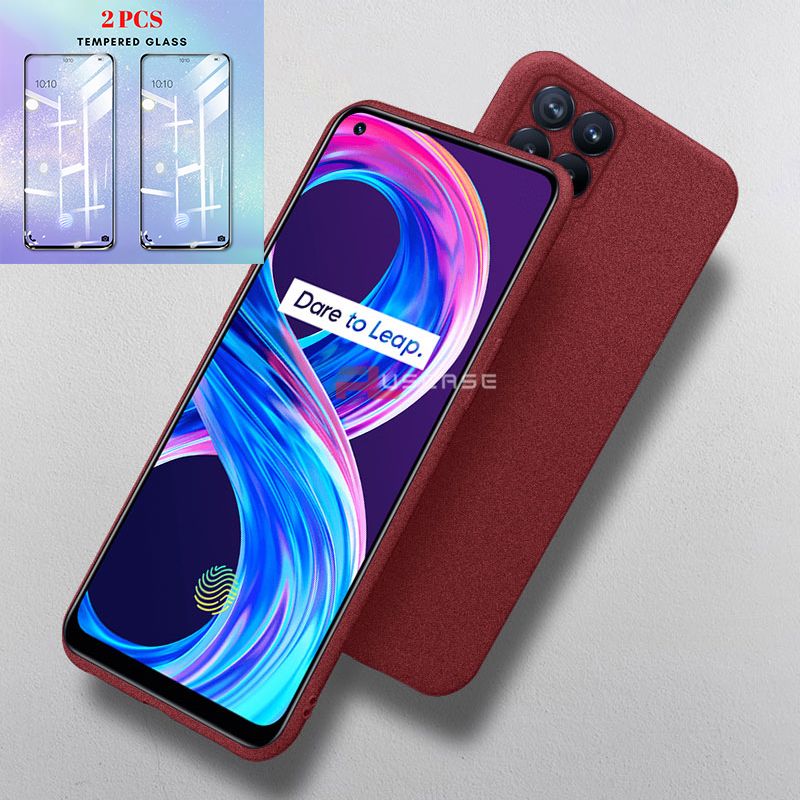 (2Pcs Free Tempered Glass) PlusCase for Realme 8 Pro / Realme 8 4G Soft Sandstone Case Ultra Thin Back Cover and Screen Protector Film