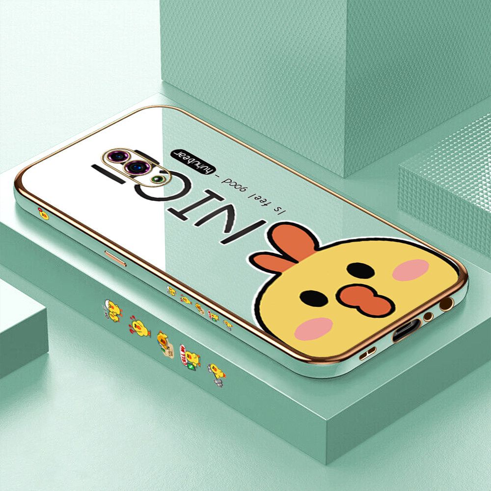 Luxury 6D Plating Case for OPPO Reno Cute Cartoon Chicken Side Pattern Back Cover Soft Silicone Square Frame Shiny Bling Phone Cases + Free Lanyard