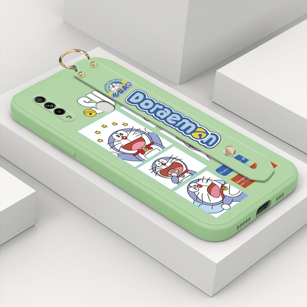 Hontinga for OPPO A31 2020 Wrist Strap Case Cute Cute Cartoon Blue Cat Daily Life Cover Square Edge Liquid Silicone Creative Phone Protective Cases