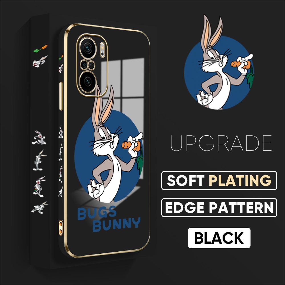 Jizetin (Free Lanyard) Xiaomi Poco F3 / Redmi K40 / K40 Pro Back Cover Anime Rabbit Luxury 6D Plating Case Side Pattern Soft Silicone Square Mobile Phone Cases