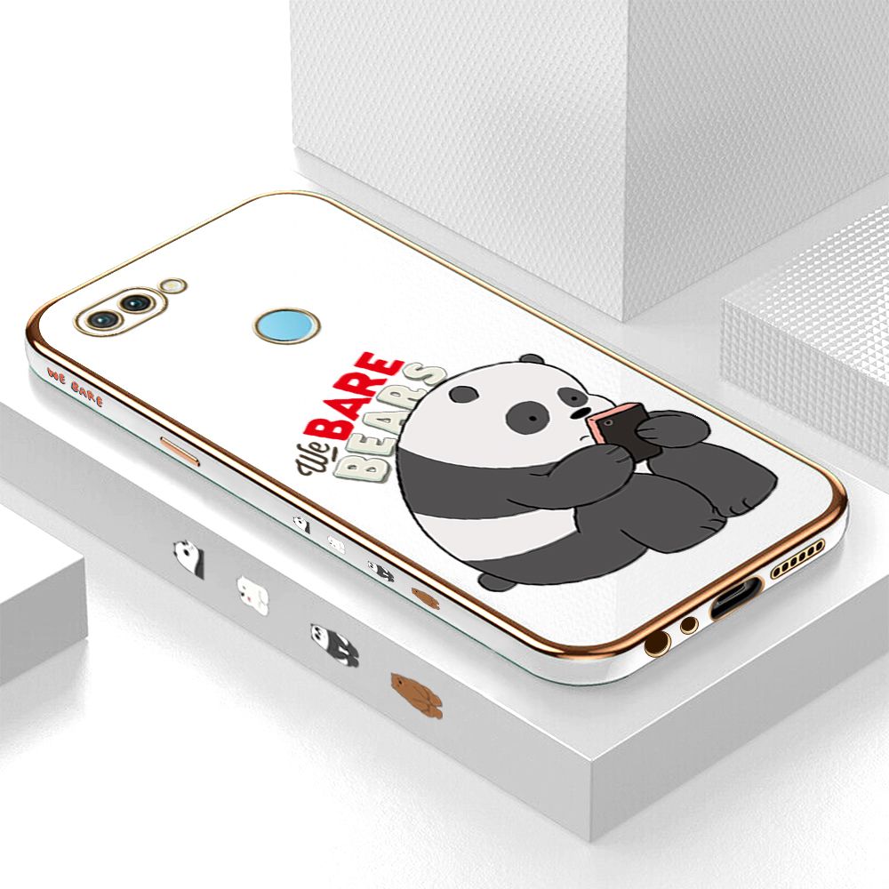Luxury 6D Plating Case for Realme 2 Pro Cartoon Panda Side Pattern Back Cover Soft Silicone Square Frame Shiny Bling Phone Cases + Free Lanyard