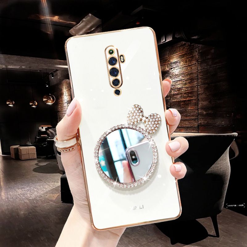 For OPPO Reno2 F / OPPO Reno 2F Back Cover + Bowknot Makeup Mirror Fashion Shiny Plating Square Bumper Bling Girls Phone Case Soft TPU Silicone Shockproof Back Cover