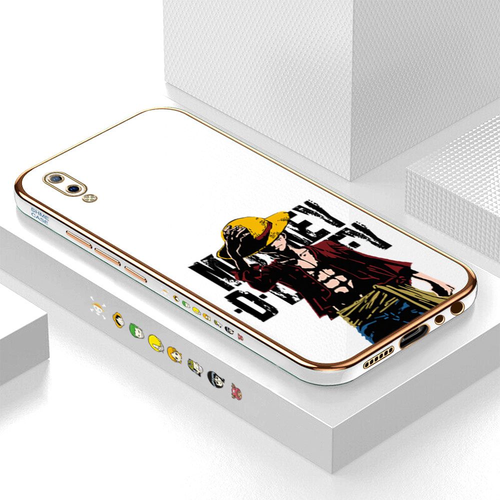 Luxury 6D Plating Case for Vivo Y93 Anime Cartoon Cool Luffy Side Pattern Back Cover Soft Silicone Square Frame Shiny Bling Phone Cases + Free Lanyard