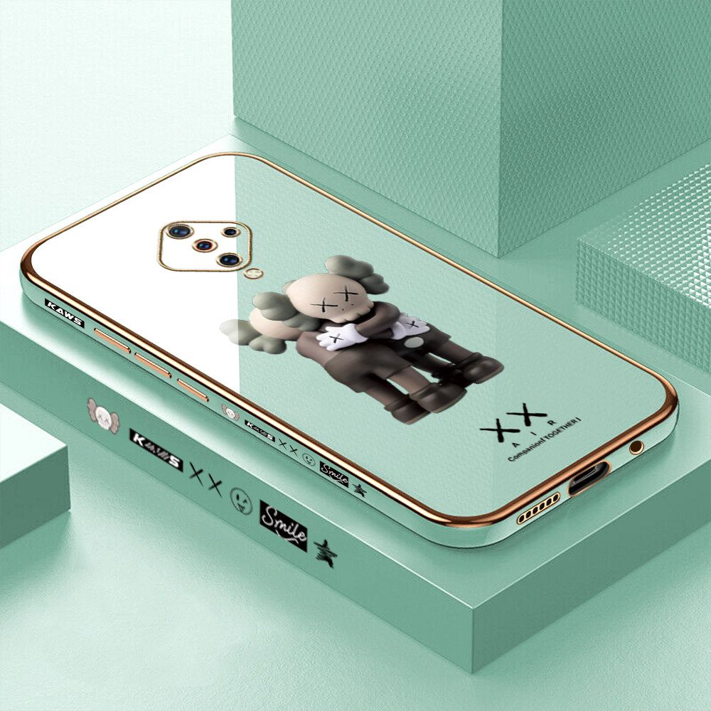 Luxury 6D Plating Case for Vivo S1 Pro Embrace Cartoon Bear Side Pattern Back Cover Soft Silicone Square Frame Shiny Bling Phone Cases + Free Lanyard