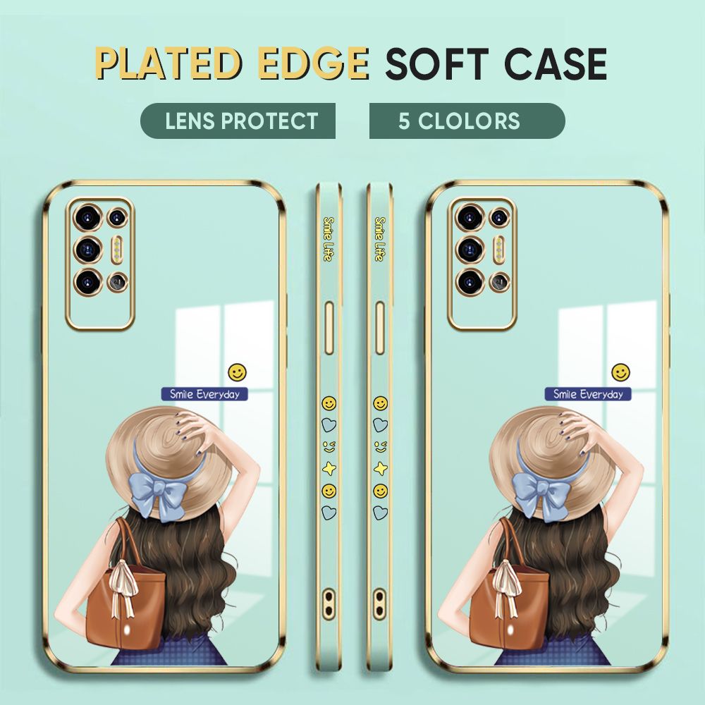 Luxury 6D Plating Case for Tecno Pova 2 Back Cover Cartoon Hat Girl Side Pattern Soft Silicone Square Phone Cases