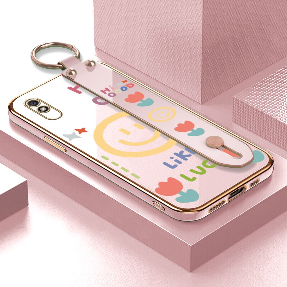 ZeroQiQi for Redmi 9A Wrist Strap Back Cover Flower Smiley Fashion Luxury 6D Plating Soft Casing Silicone Square Frame Phone Case