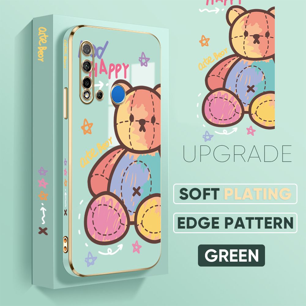 Jizetin (Free Lanyard) Huawei P20 Lite 2019 Cover Color Doll Luxury 6D Plating Soft Casing Silicone Square Frame Phone Case Shiny Bling Back Cover