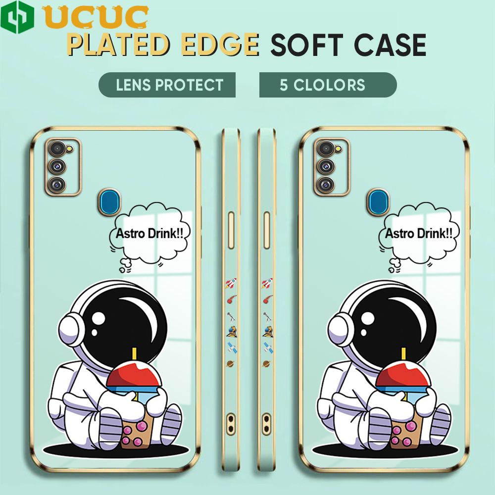 UCUC for Samsung Galaxy M21 M30S Back Cover + Free Lanyard Cute Astronaut Luxury 6D Plating Case Side Pattern Soft Silicone Square Phone Cases
