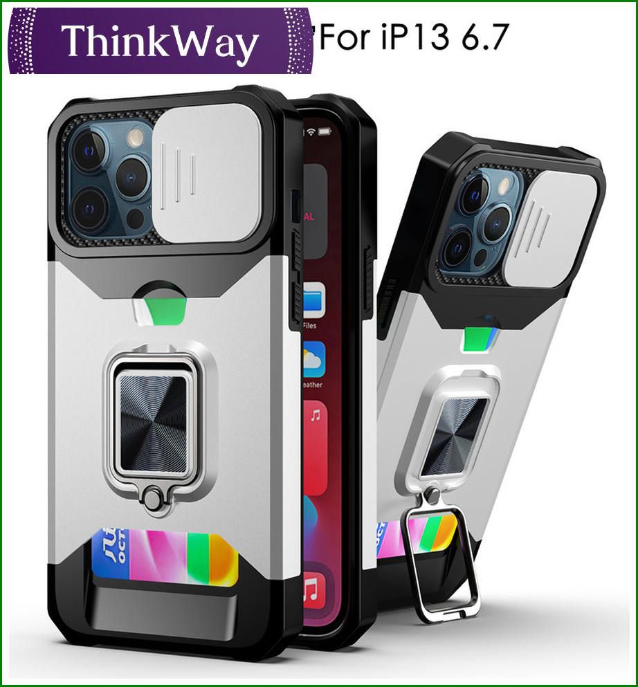 Kickstand Case, Slide Camera Cover Heavy Duty Armor Style Case with Rotate Ring Stand & Card Holder Slot, Support Magnetic Car Mount, Shockproof Wallet Case For iphone XS MAX & iphone11