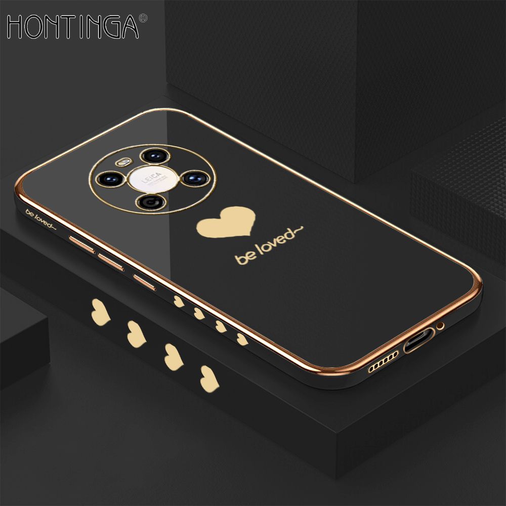 Hontinga for Huawei Mate 40 Back Cover + Free Lanyard Luxury 6D Plating Lover Heart Side Pattern Case Soft Silicone Square Mobile Cover