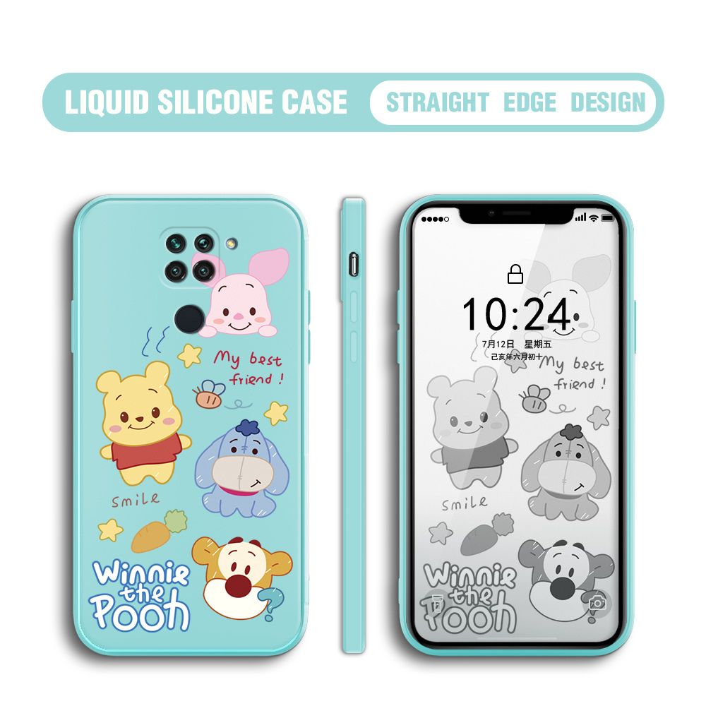 BILI for Redmi Note 9 Back Cover Cute Winne Friends Multicolor Liquid Silicone Phone Case Soft Square Lens Protection Phone Cases