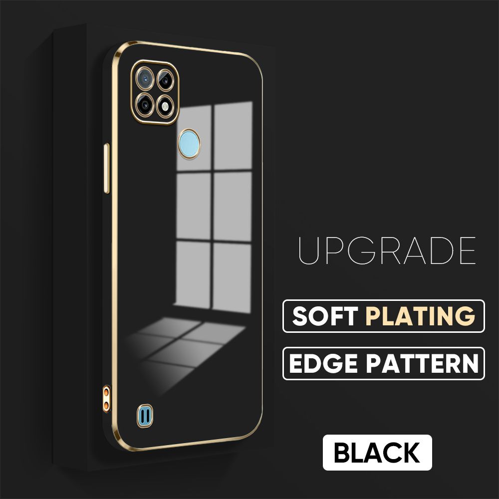 Jizetin (Free Lanyard) Realme C21 Back Cover Luxury 6D Plating Case Side Pattern Soft Silicone Square Mobile Phone Cases