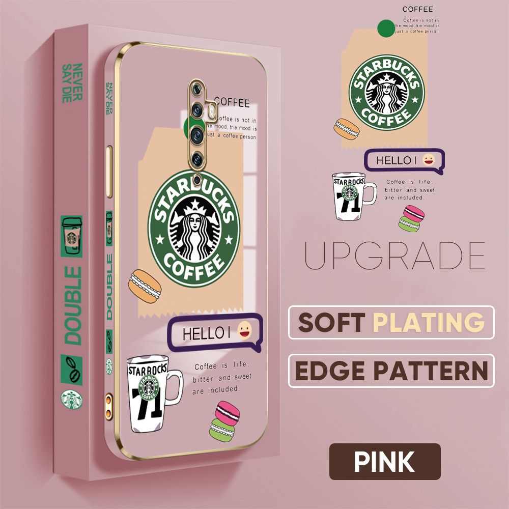 Jizetin (Free Lanyard) OPPO Reno2 F Reno2 Z Back Cover Two Coffee Macaron Luxury 6D Plating Case Side Pattern Soft Silicone Square Mobile Phone Cases