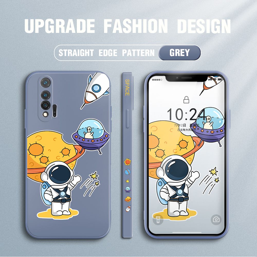 Jizetin for Huawei Nova 6 Case Side Design Phone Cover Moon Space Astronaut Cover Square Edge Pattern Liquid Silicone Trend Case