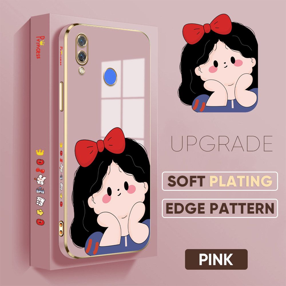 Jizetin (Free Lanyard) Huawei Nova 3 Luxury 6D Plating Soft Casing Silicone Square Frame Phone Case Shiny Bling Back Cover Cartoon Cute Girl New design Side Drawing Case
