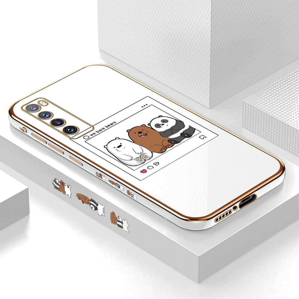 Luxury 6D Plating Case for Huawei Nova 7 Cute Cartoon Anime Bears Side Pattern Back Cover Soft Silicone Square Frame Shiny Bling Phone Cases + Free Lanyard