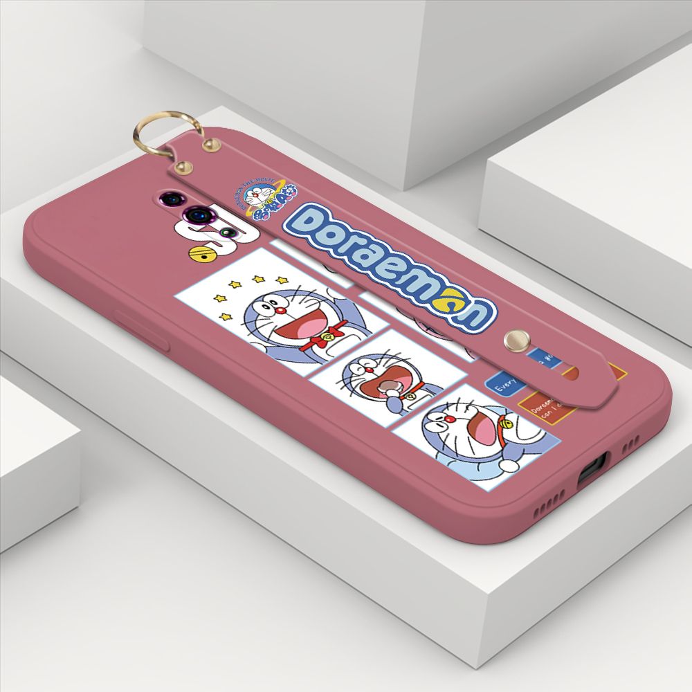 Hontinga for OPPO Reno Wrist Strap Case Cute Cute Cartoon Blue Cat Daily Life Cover Square Edge Liquid Silicone Creative Phone Protective Cases