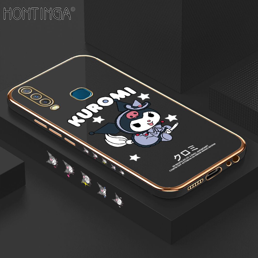 Hontinga for Vivo Y17 Y15 Y12 Case Luxury 6D Plating Cute Cartoon Little Witch Side Pattern Soft Back Cover Silicone Square Phone Cases
