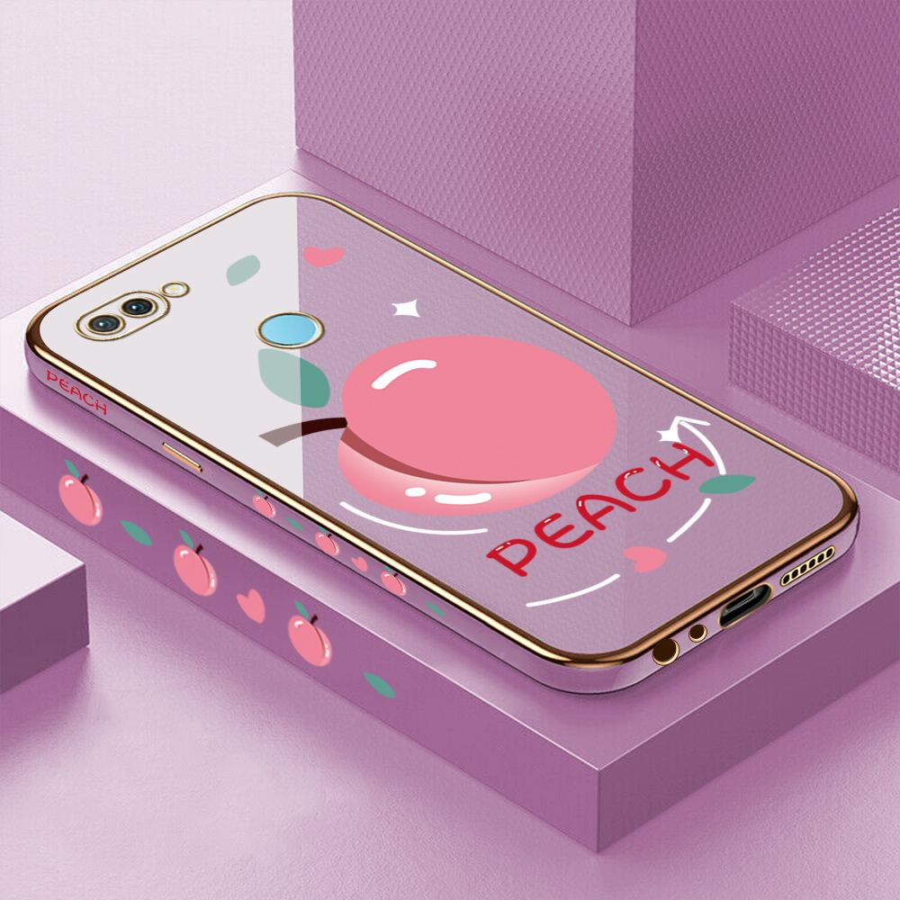 Luxury 6D Plating Case for Realme 2 Pro Cartoon Simple Peach Side Pattern Back Cover Soft Silicone Square Frame Shiny Bling Phone Cases + Free Lanyard