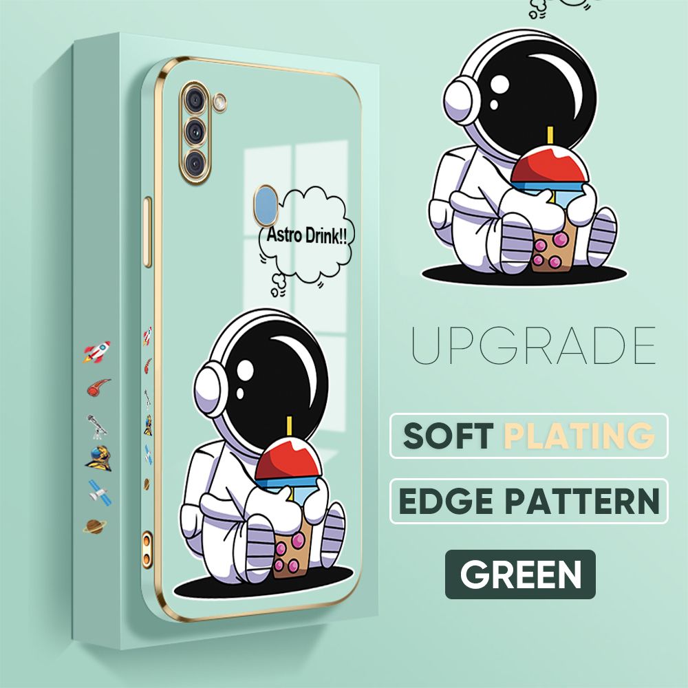 Jizetin (Free Lanyard) Samsung A11 / M11 Cover Drink Astronaut Luxury 6D Plating Soft Casing Silicone Square Frame Phone Case Shiny Bling Back Cover