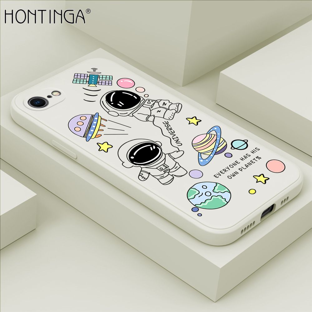 Hontinga for iPhone 7 / 8 / SE 2020 / SE 2022 Case Fashion Earth Planet Astronaut Phone Case Soft Square Edge Silicone Cases Full Lens Cover Shockproof Protection Cover