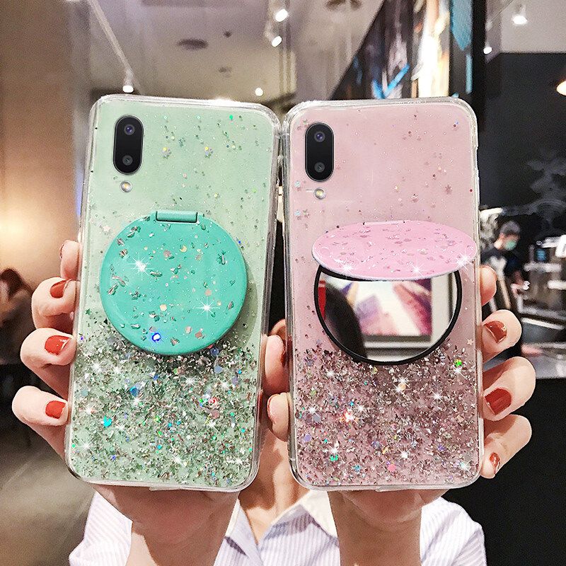 Phone case Samsung Galaxy M02 Shiny Ring Case Glitter Soft Transparent Makeup Mirror Cases For Samsung M02 Back Cover Stars Moon Girls