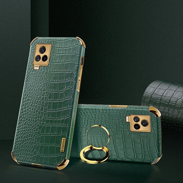 Luxury Plated Crocodile Pattern Leather Holder Phone Case For Vivo iQOO 7 Magentic Car Ring Stand Cover