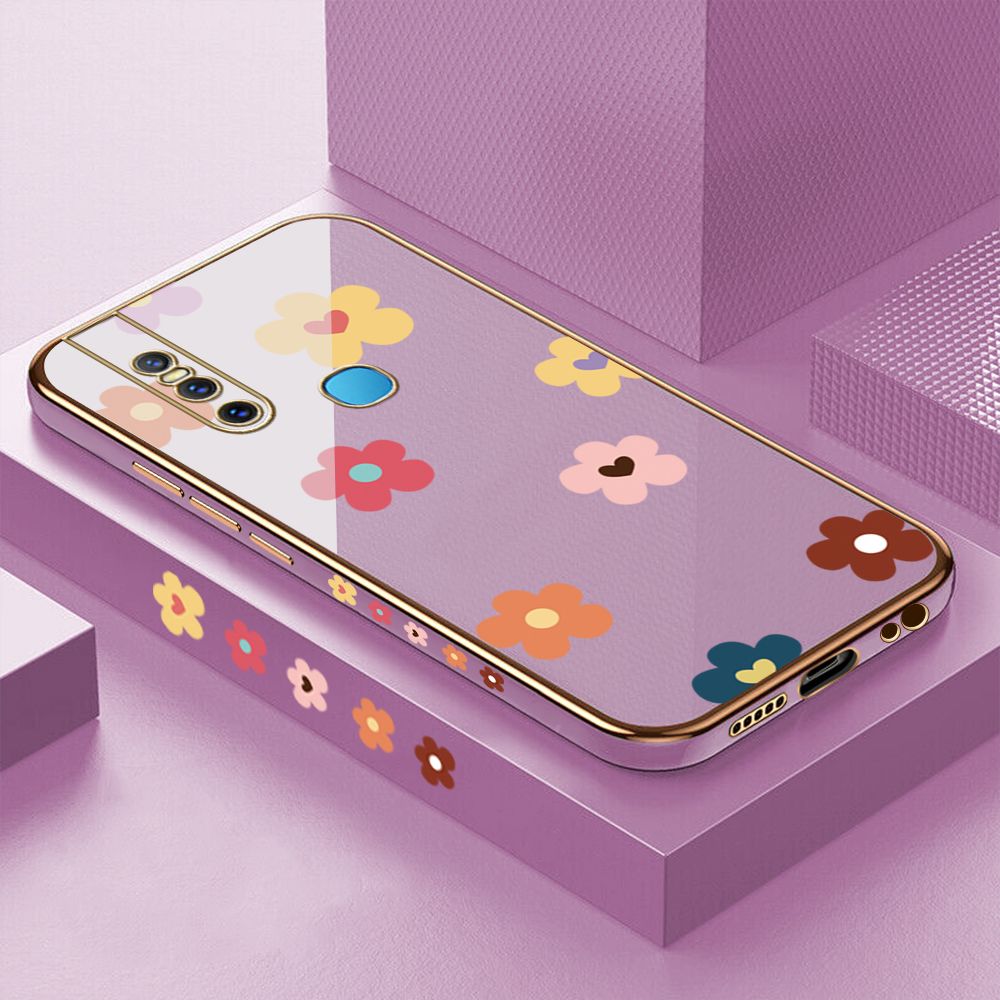 Luxury 6D Plating Case for Vivo V15 Color Cartoon Flowers Side Pattern Back Cover Soft Silicone Square Frame Shiny Bling Phone Cases + Free Lanyard