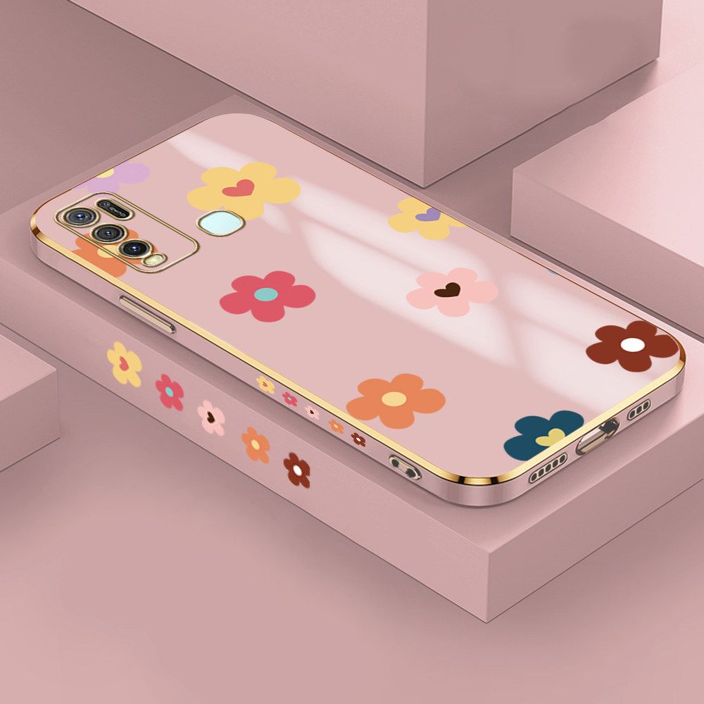 Jizetin (Free Lanyard) Vivo Y50 Y30 Y30i Case INS Style Flower Luxury 6D Plating Soft Casing Silicone Ultra Thin Phone Cover