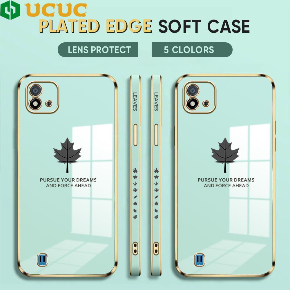 UCUC for Realme C20 / Realme C20A / Realme C11 2021 Back Cover + Free Lanyard Maple Leaf Luxury 6D Plating Case Side Pattern Soft Silicone Square Phone Cases