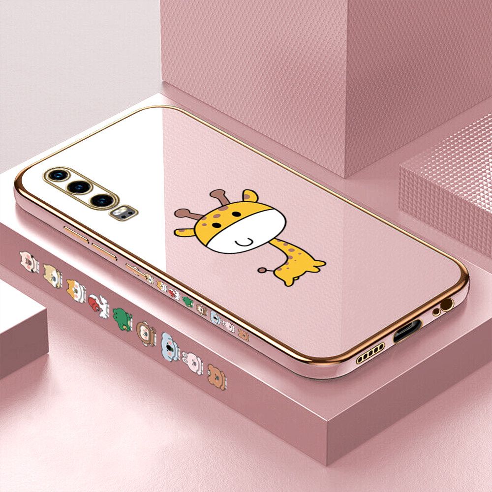 Luxury 6D Plating Case for Huawei P30 Color Cute Giraffe Side Pattern Back Cover Soft Silicone Square Frame Shiny Bling Phone Cases + Free Lanyard