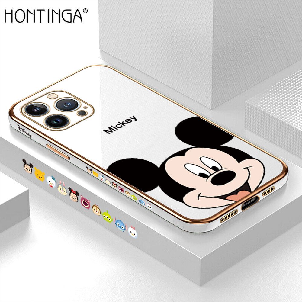 Hontinga for iPhone 13 Pro Back Cover + Free Lanyard Luxury 6D Plating Cartoon Mouse Side Pattern Case Soft Silicone Square Mobile Cover