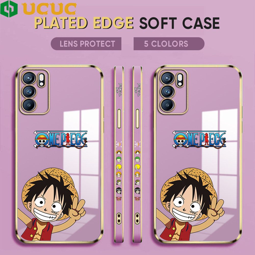 UCUC for OPPO Reno6 5G Back Cover + Free Lanyard Wave Luffy Luxury 6D Plating Case Side Pattern Soft Silicone Square Phone Cases