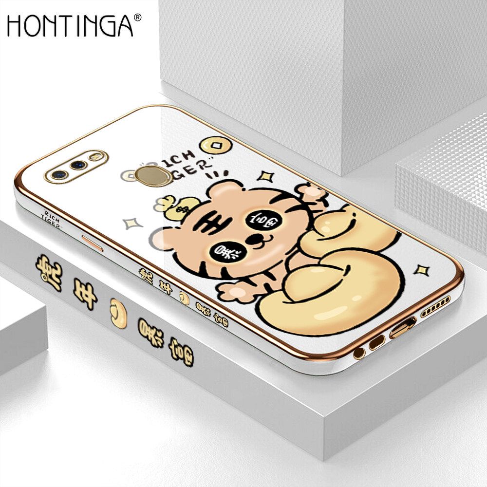 Hontinga for OPPO A5S A7 A12 Back Cover + Free Lanyard Luxury 6D Plating Cartoon Get Rich Tiger Side Pattern Caese Soft Silicone Square Phone Cases