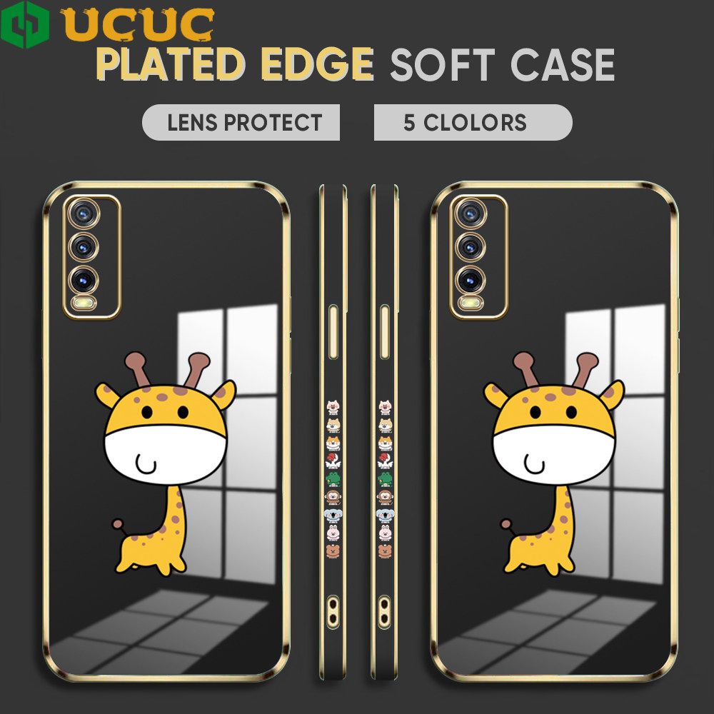 UCUC for Vivo Y20 2021 / Y20i / Y20 / Y20S / Y12S / Y12A / Y20S G Back Cover + Free Lanyard Big Head Giraffe Luxury 6D Plating Case Side Pattern Soft Silicone Square Phone Cases