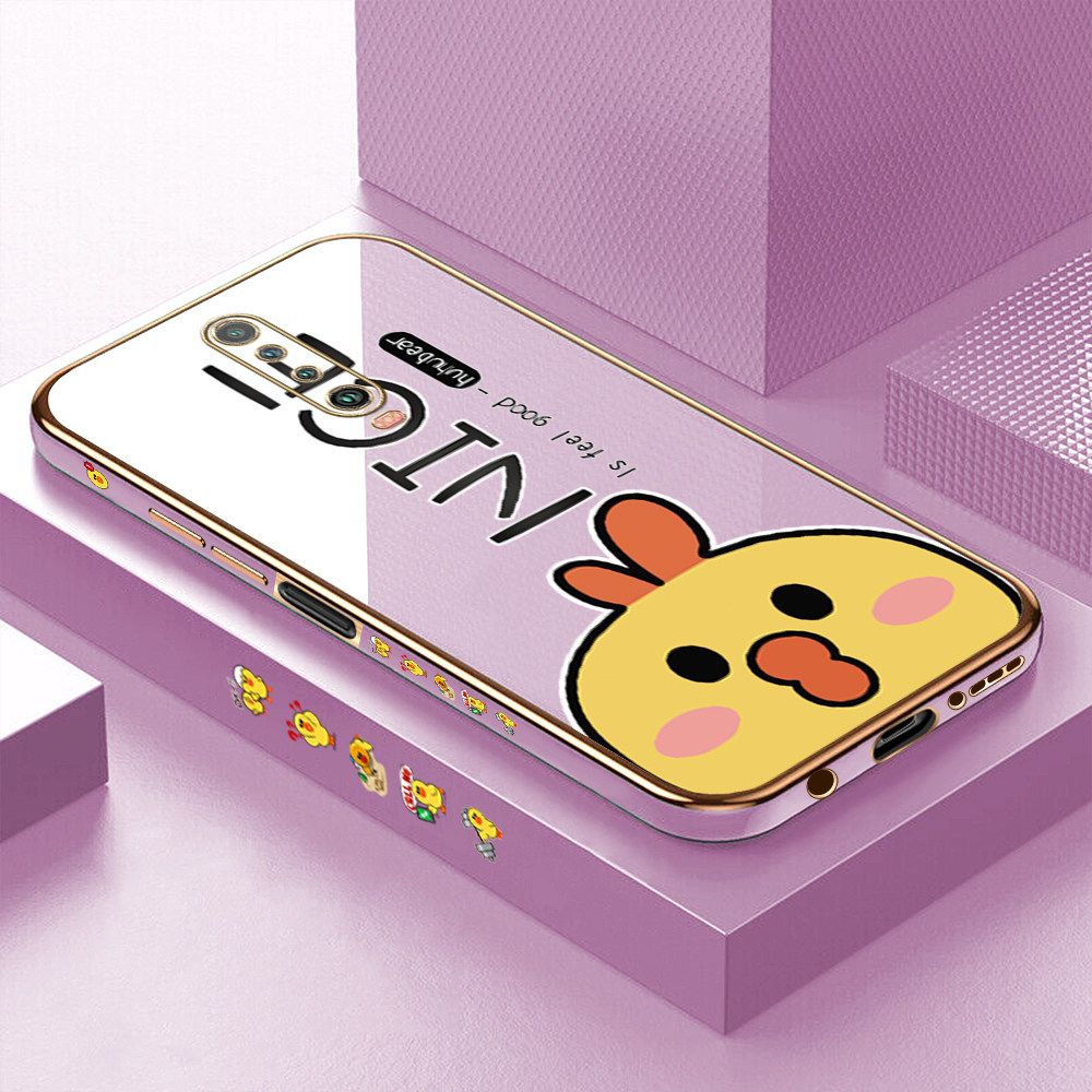 Luxury 6D Plating Case for Redmi K30 Cute Cartoon Chicken Side Pattern Back Cover Soft Silicone Square Frame Shiny Bling Phone Cases + Free Lanyard