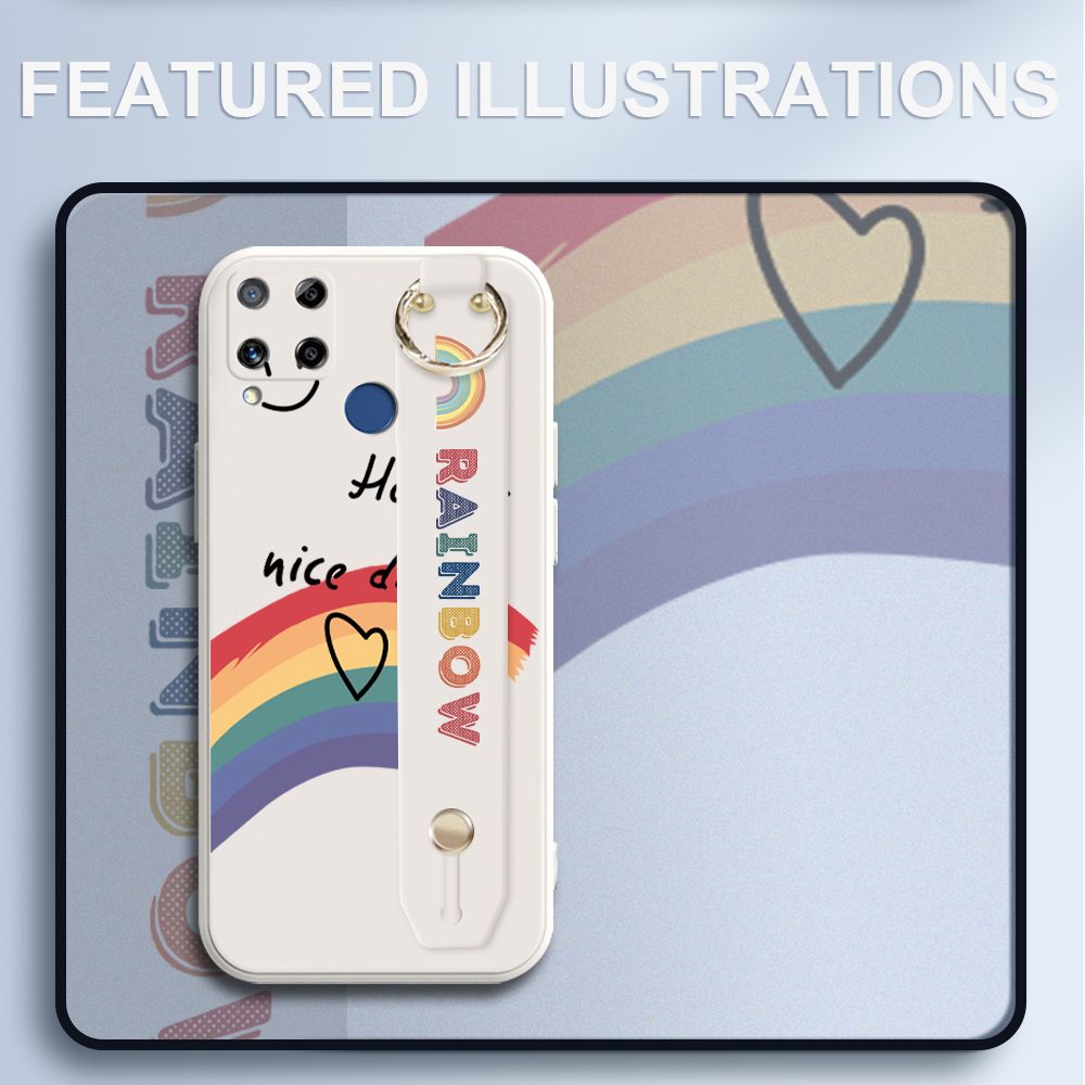 UCUC for Realme C15 Wrist Strap Case INS Style Smile Rainbow Cover Ultra Thin Anti Fall Liquid Silicone Phone Case