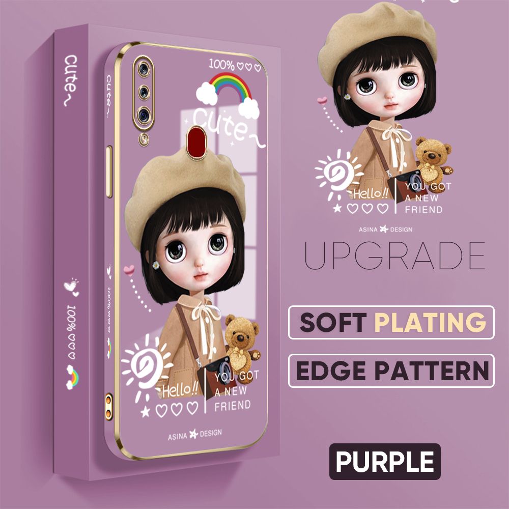 Jizetin (Free Lanyard) Samsung A20S Back Cover Fashion Girl Luxury 6D Plating Case Side Pattern Soft Silicone Square Phone Cases