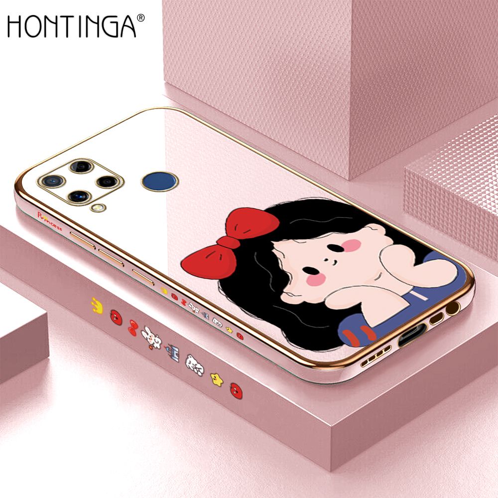 Hontinga for Realme C15 Back Cover + Free Lanyard Luxury 6D Plating Cute Bow Girl Side Pattern Case Soft Silicone Square Mobile Cover