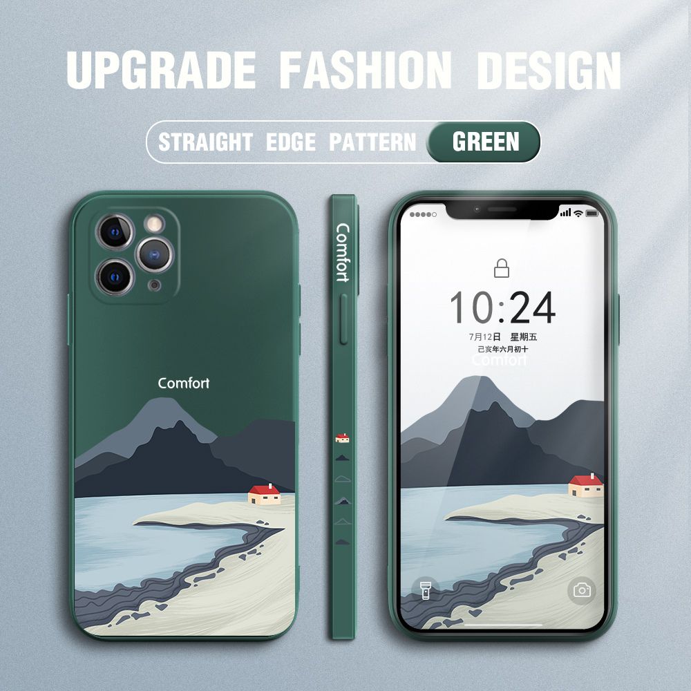 Jizetin for iPhone 11 Pro Case Mount Fuji Design Side Design Phone Case Square Edge Pattern Liquid Silicone Cases Full Cover Camera Shockproof Protective Case