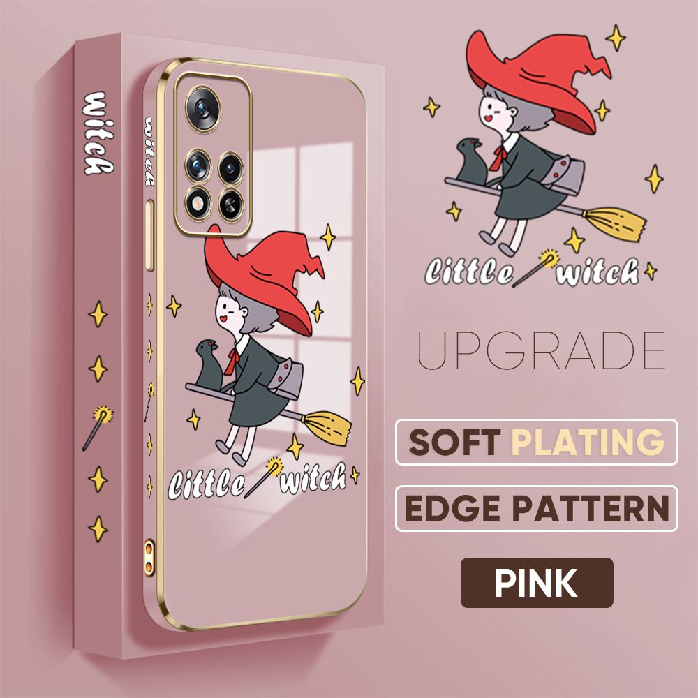 TA for Redmi Note 11 5G / Xiaomi Poco M4 Pro 5G Back Cover + Free Lanyard Flying Witch for Girls Luxury 6D Plating Case Side Pattern Soft Silicone Square Phone Cases